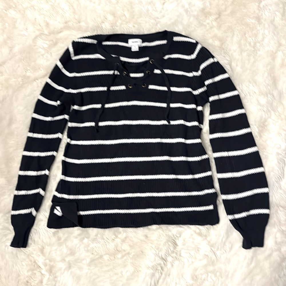 Blue Stripe Sweater with Lace Front